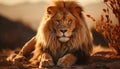 Majestic lion resting in the African savannah at sunset generated by AI Royalty Free Stock Photo