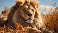 Majestic lion resting in the grass, looking at the sunset generated by AI Royalty Free Stock Photo