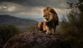 Majestic lion resting in the grass, looking at the sunset generated by AI Royalty Free Stock Photo