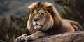 A majestic lion resting on a rock, surveying its surroundings with pride, concept of Biodiversity conservation, created