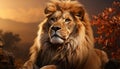 Majestic lion resting in the savannah, looking at the sunset generated by AI Royalty Free Stock Photo