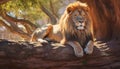 Majestic lion resting in the savannah, looking at sunset generated by AI Royalty Free Stock Photo