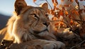 Majestic lion resting in tranquil savannah, looking at camera generated by AI Royalty Free Stock Photo