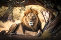 Majestic Lion Resting Under Tree on Verdant Savannah, generative AI Royalty Free Stock Photo