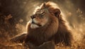 Majestic lion resting in the wild, surrounded by natural beauty generated by AI Royalty Free Stock Photo