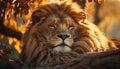 Majestic lion resting in the wilderness, looking at camera generated by AI Royalty Free Stock Photo