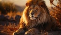 Majestic lion resting in the wilderness, looking at camera generated by AI Royalty Free Stock Photo