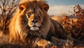 Majestic lion resting in the wilderness, sunset beauty in nature generated by AI