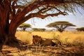 A majestic lion rests peacefully under the shade of a tree in its natural habitat., A sleeping lion pride under the shade of an Royalty Free Stock Photo