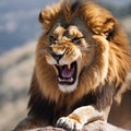 Majestic Lion Roaring Atop a Rocky Outcrop Against a Clear Blue Sky