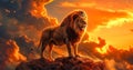 Majestic lion with a royal crown standing atop a rocky peak, against a dramatic fiery sunset sky, symbolizing power, royalty