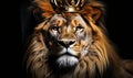 Majestic lion with a royal crown symbolizing power and nobility isolated on a black background with a regal and intense gaze Royalty Free Stock Photo