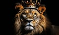 Majestic lion with a royal crown symbolizing power and nobility isolated on a black background with a regal and intense gaze Royalty Free Stock Photo