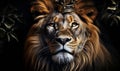 Majestic lion with a royal crown symbolizing power and nobility isolated on a black background with a regal and intense gaze Royalty Free Stock Photo