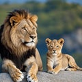 Majestic lion and it's cub lying on a rock in the wild.