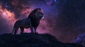 Majestic lion standing on a hill under the starry sky, surreal style Royalty Free Stock Photo