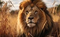 Majestic lion standing in tall grass, majestic big cats picture Royalty Free Stock Photo