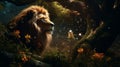 Enchanting Fairy Forest Lion With Fireflies - Free Fantasy Wallpapers