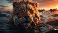 Majestic lion stares, reflecting beauty in nature tranquil sunset generated by AI