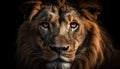 Majestic lion staring with alertness, focus on foreground, black background generated by AI Royalty Free Stock Photo