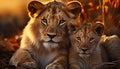 Majestic lioness and cute cub staring, love in the wilderness generated by AI Royalty Free Stock Photo