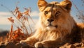 Majestic lioness resting in the grass, alertly looking at camera generated by AI Royalty Free Stock Photo