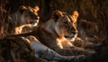 Majestic lioness resting in the grass, hiding, looking at camera generated by AI Royalty Free Stock Photo