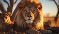 Majestic lioness resting in the savannah, family love at sunset generated by AI