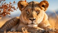 Majestic lioness resting in the wild, beauty in nature generated by AI Royalty Free Stock Photo