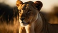 Majestic lioness staring at camera in African wilderness at sunset generated by AI Royalty Free Stock Photo