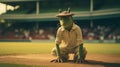 Majestic Lizard Kneeling On Pitch: A Retro-inspired Uhd Image