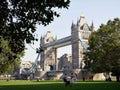 Majestic London Tower Bridge visible across a vibrant green field of lush grass