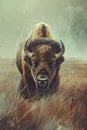 Majestic Lone Bison Standing in Golden Field with Artistic Vintage Overlay and Snow Flakes