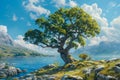 Majestic Lone Tree Standing on Lush Lakeside Against Mountains and Clear Blue Sky
