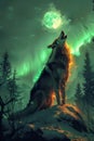 Majestic Lone Wolf Howling at a Luminous Full Moon Against a Backdrop of Northern Lights in a Mystical Forest