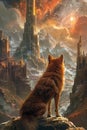 Majestic Lone Wolf Overlooking Futuristic Cityscape with Cosmic Sky Illustration