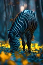 Majestic Lone Zebra Grazing Amongst Golden Autumn Leaves in a Serene Blue Tinted Forest Environment