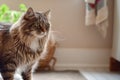 Majestic long-haired cat near a litter box with a thoughtful gaze.