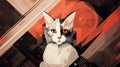majestic looking white grey cat in a geometrical banner artwork, ai generated image