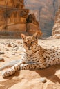 Majestic Lynx Pardina Lying on Sandy Ground with Rocky Desert Backdrop, Exotic Feline Under Sunlight