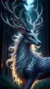 A majestic magical elk illuminated by the night sky, blue scales and large horns on its head