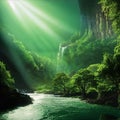 Majestic magical fantasy landscape with mountains, river, waterfall, sun rays. 3D illustration