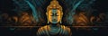 Majestic Mahavira statue illustration on dark abstract banner, generative AI