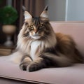 A majestic Maine Coon cat with a fluffy tail, sitting regally on a velvet cushion2