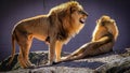 A majestic, male African lion with a golden mane roars while standing next to a lion lying on the ground in a zoo enclosure.