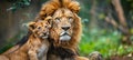 Majestic male lion and cub portrait with spacious left side for text, object on right side