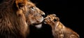 Majestic male lion and lion cub portrait with ample space on the left for text placement