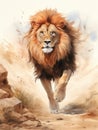 A Majestic Male Lion Running in Watercolor Style AI Generated