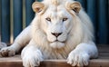 Majestic Male White Lion of Africa lies on a wooden floor.