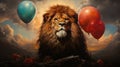 A lion with balloons in the sky